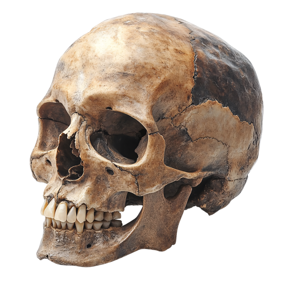A detailed skull with earthy tones, showing worn texture and