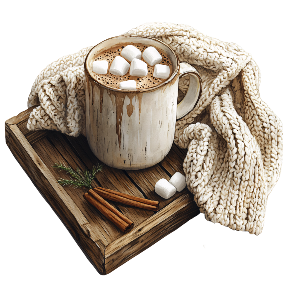 A rustic mug filled with hot chocolate and marshmallows, placed on a wooden tray, alongside a cinnamon stick and greenery png