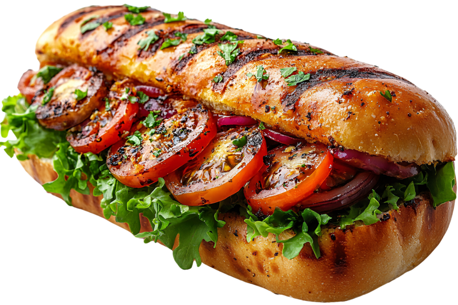 Grilled tomatoes and onions with leafy greens, nestled in a toasted sub roll, garnished with herbs for a vibrant, flavorful sandwich png