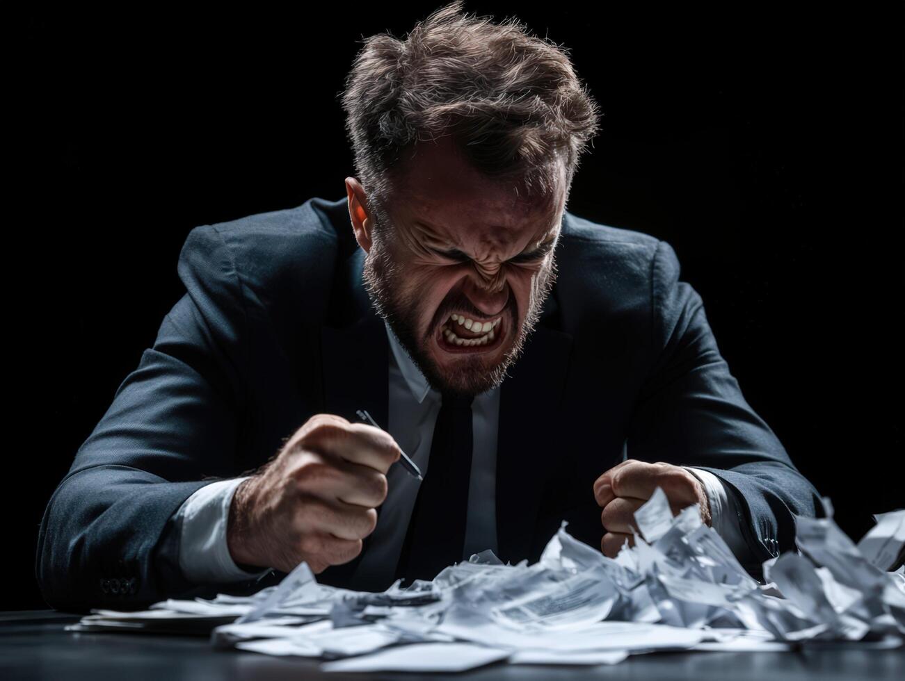 A man in a suit is angry and holding a piece of paper photo