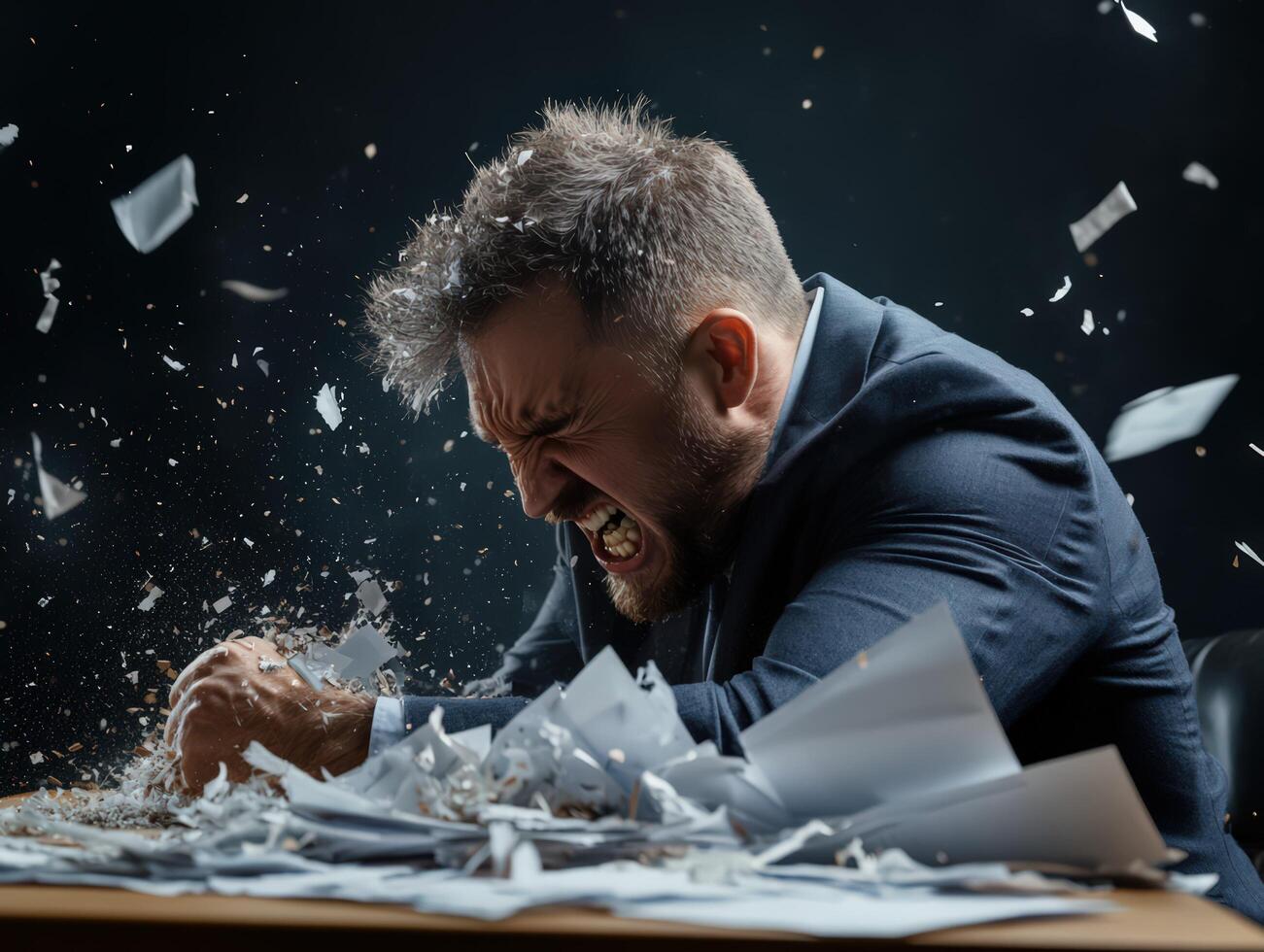 A man in a suit is sitting at a desk with papers flying around him photo
