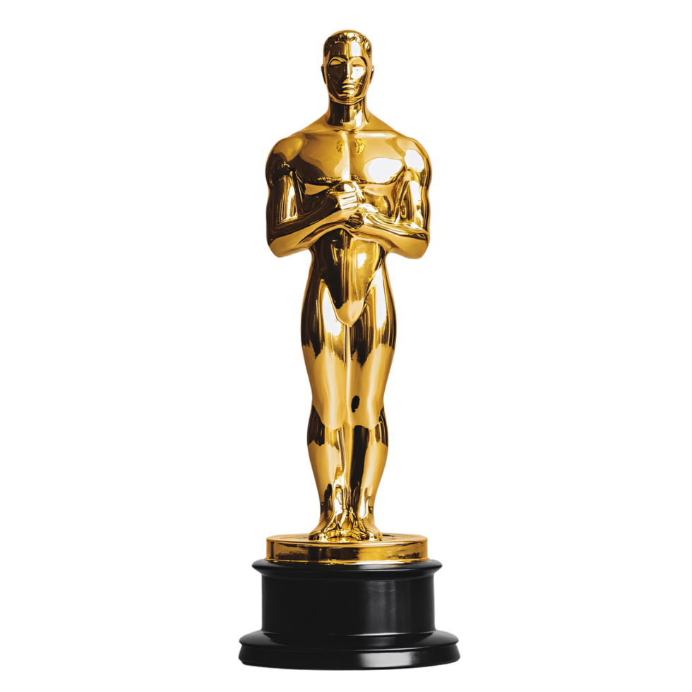 Bright, polished gold statuette on a black base, emphasizing prestige. The smooth, reflective surface gleams under the light png
