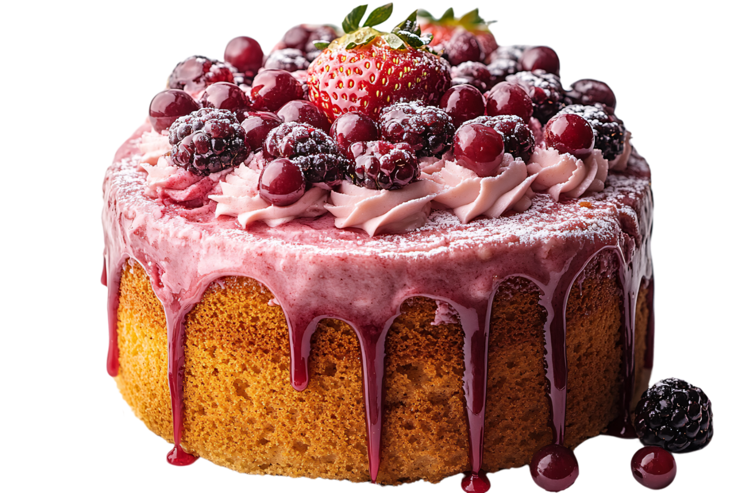 A moist, golden sponge cake topped with a cascade of berries and pink frosting, dripping elegantly with berry syrup png