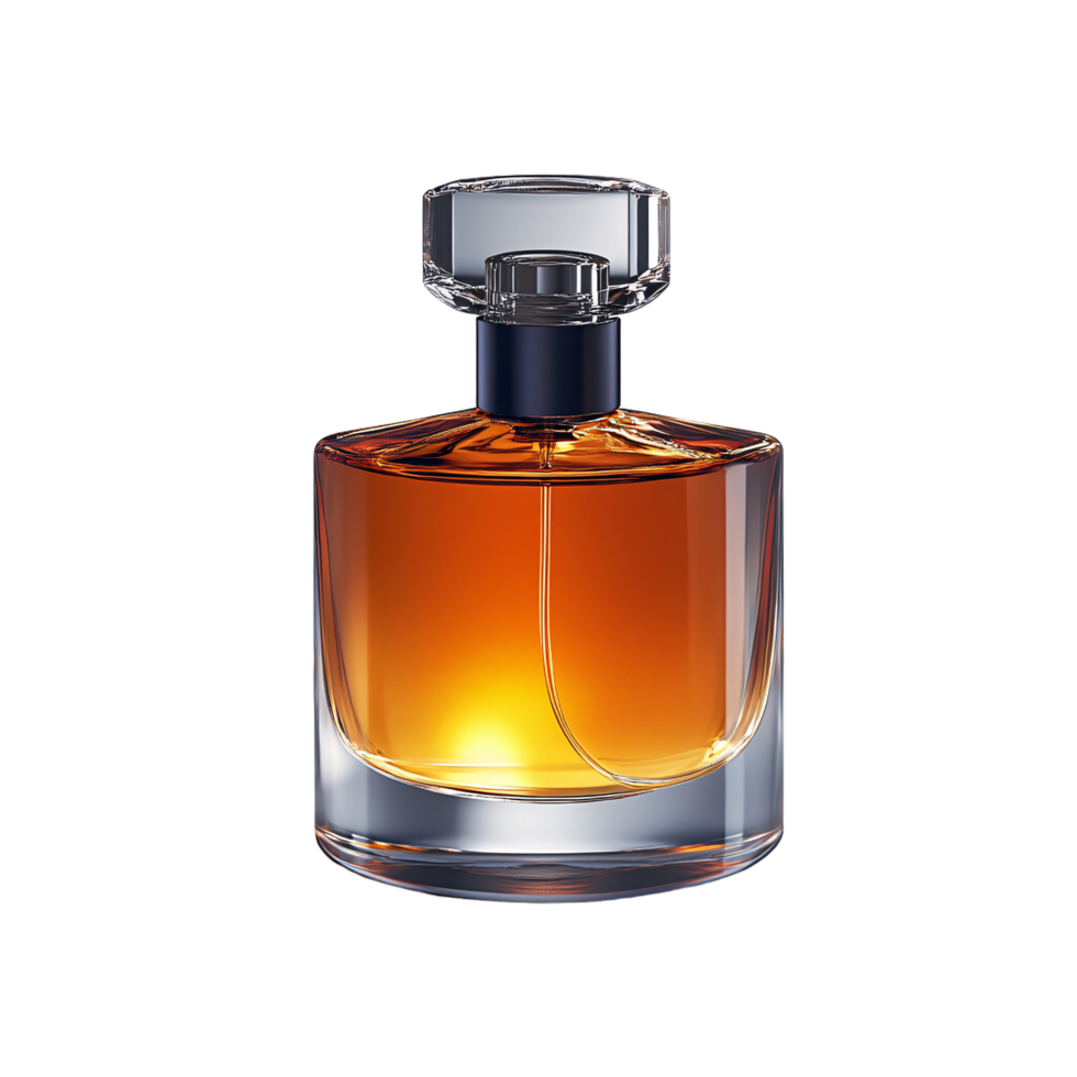 Contemporary amber perfume bottle in a cylindrical shape, with clean lines and a dark top, embodying warmth and simplicity png
