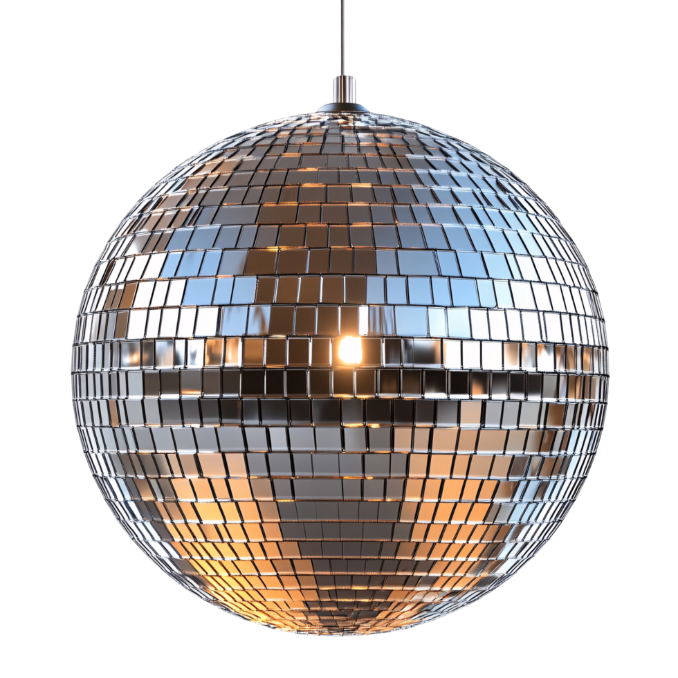 A reflective silver disco ball hanging with a warm light source, giving it a nostalgic and festive look png