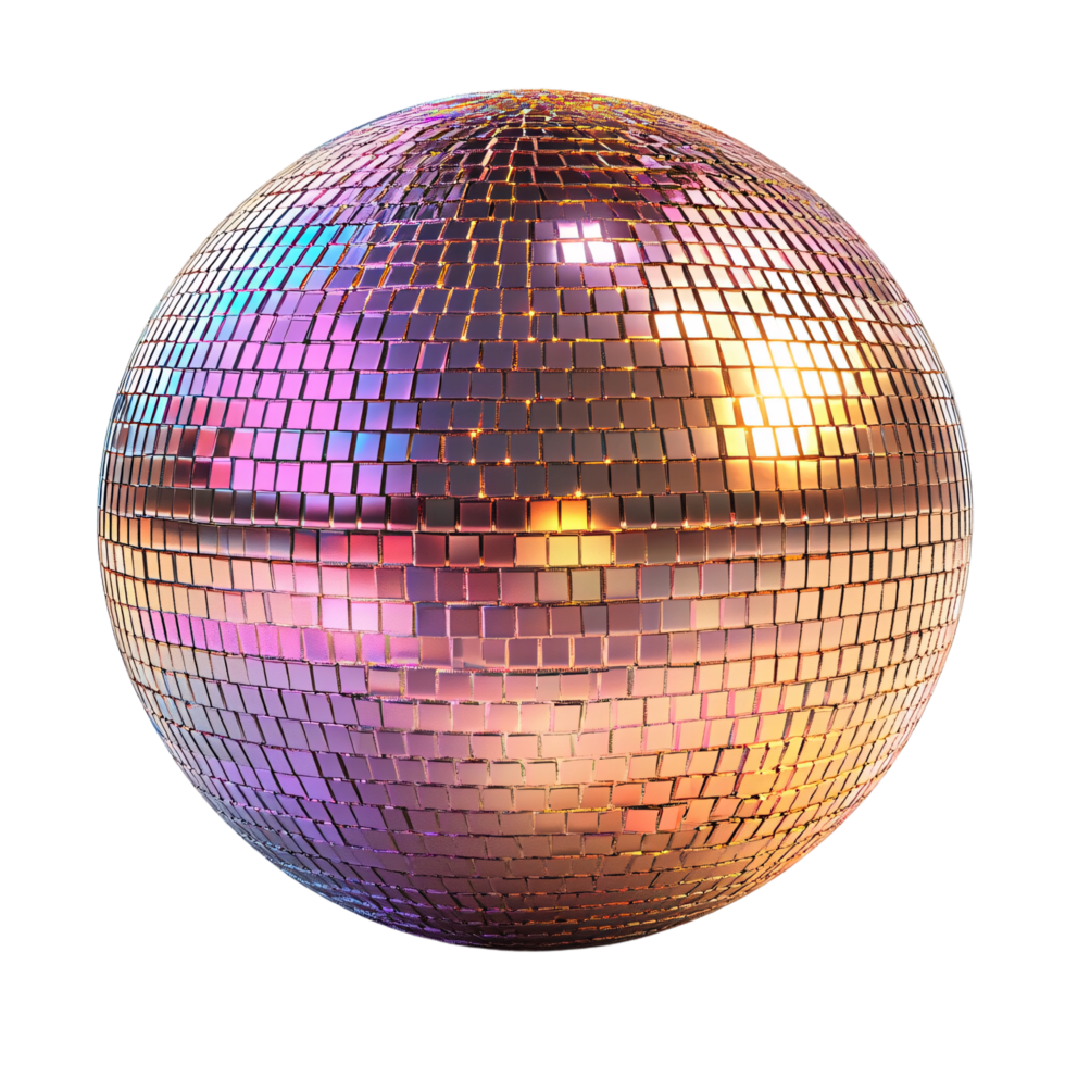 Disco ball with multicolored reflections in shades of pink, purple, and gold, embodying a vibrant, energetic party vibe png