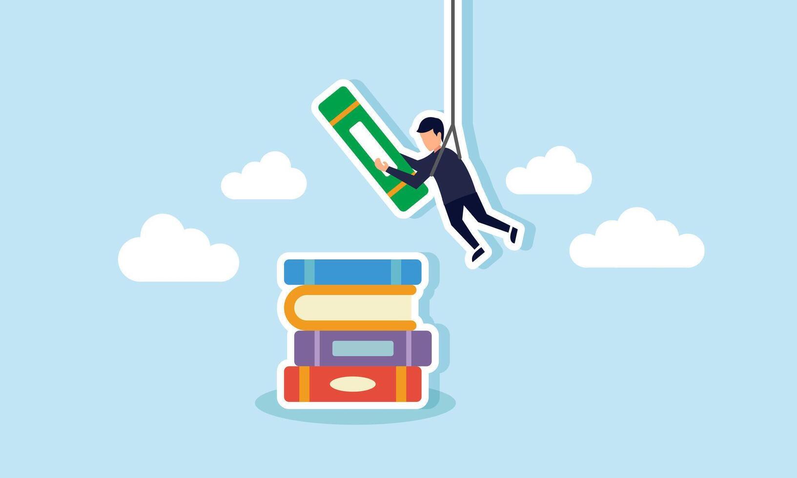 A businessman hangs on a rope carrying books, intending to stack them on a pile of books, illustration of business project report document archive vector
