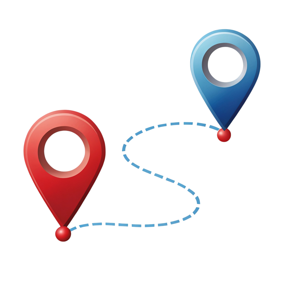 Two location markers with a dashed line route between them png