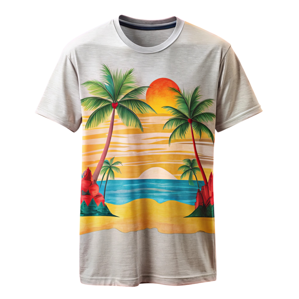 Stylish gray t-shirt with a vibrant sunset beach design. png