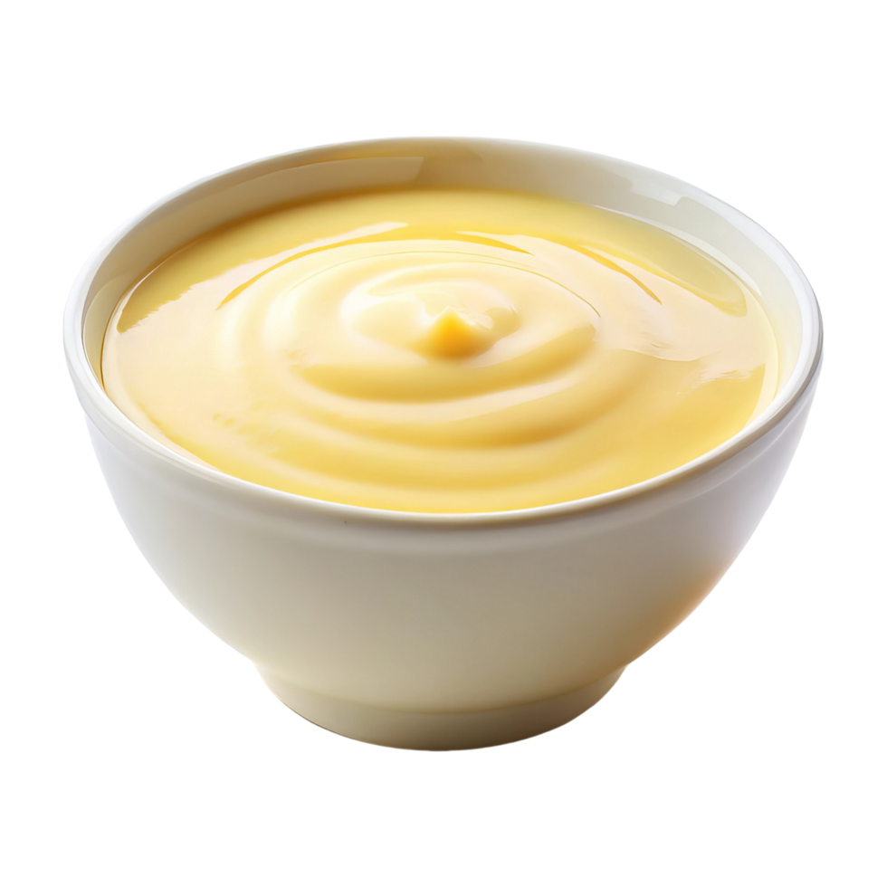 Creamy custard in a white bowl, perfect for food photography. png