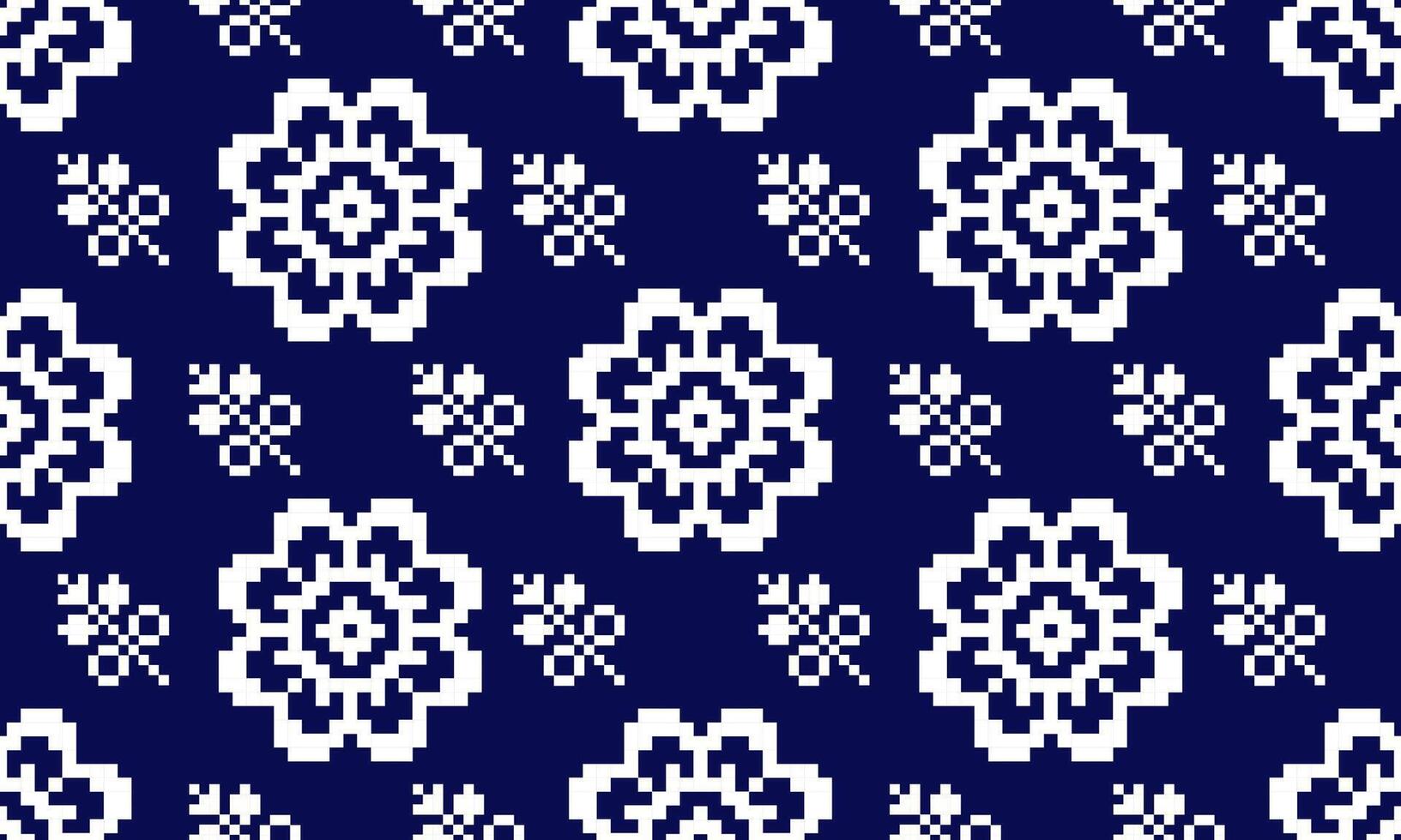 a detailed pattern composed of pixel designs with white flowers square on dark blue background , design for fabric or various pattern printing works. vector