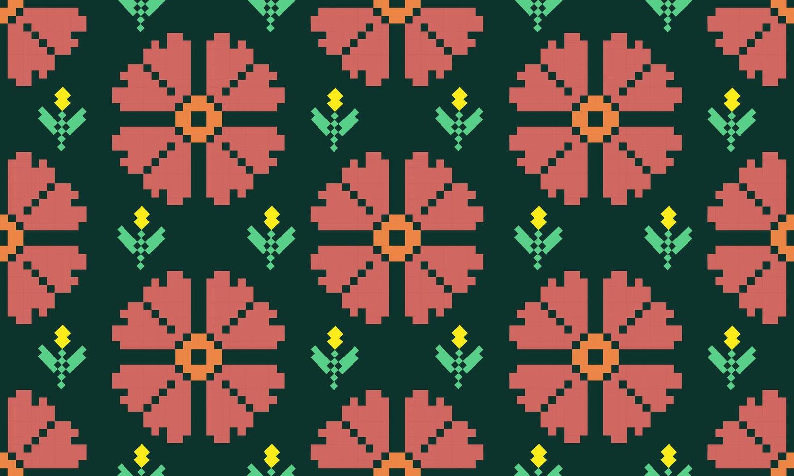 a detailed pattern composed of pixel designs with pink flowers square on dark blue background , design for fabric or various pattern printing works. vector