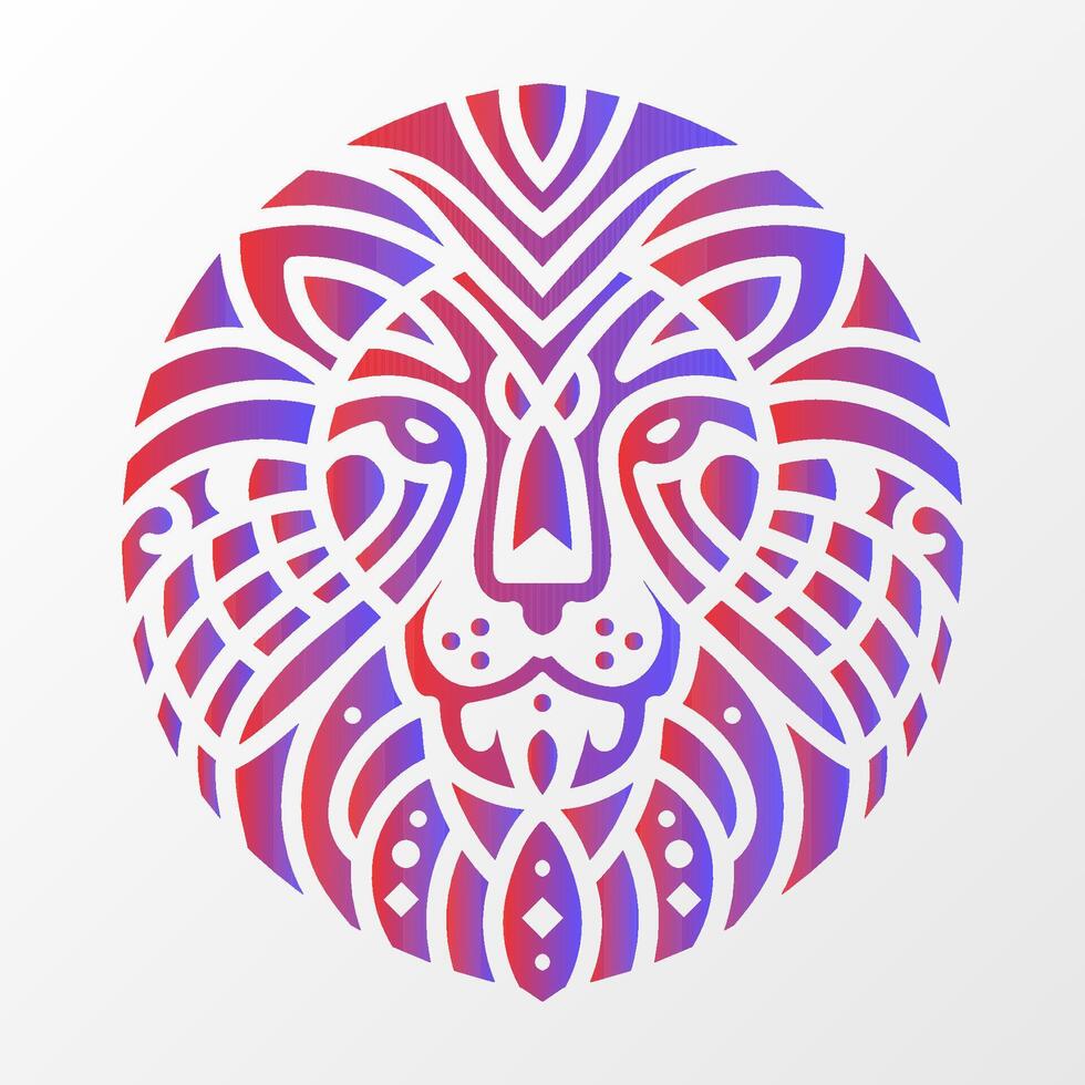 Detailed lion head illustration enclosed in a circular shape, featuring intricate tribal patterns and a red-blue gradient color scheme. Abstract Lion Head in Circular Tribal Design vector