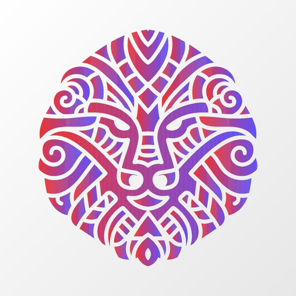 Intricate lion face illustration with abstract tribal patterns, bold swirls, and vibrant red-blue gradient in a circular layout. Ornate Lion Face with Abstract Symmetry vector
