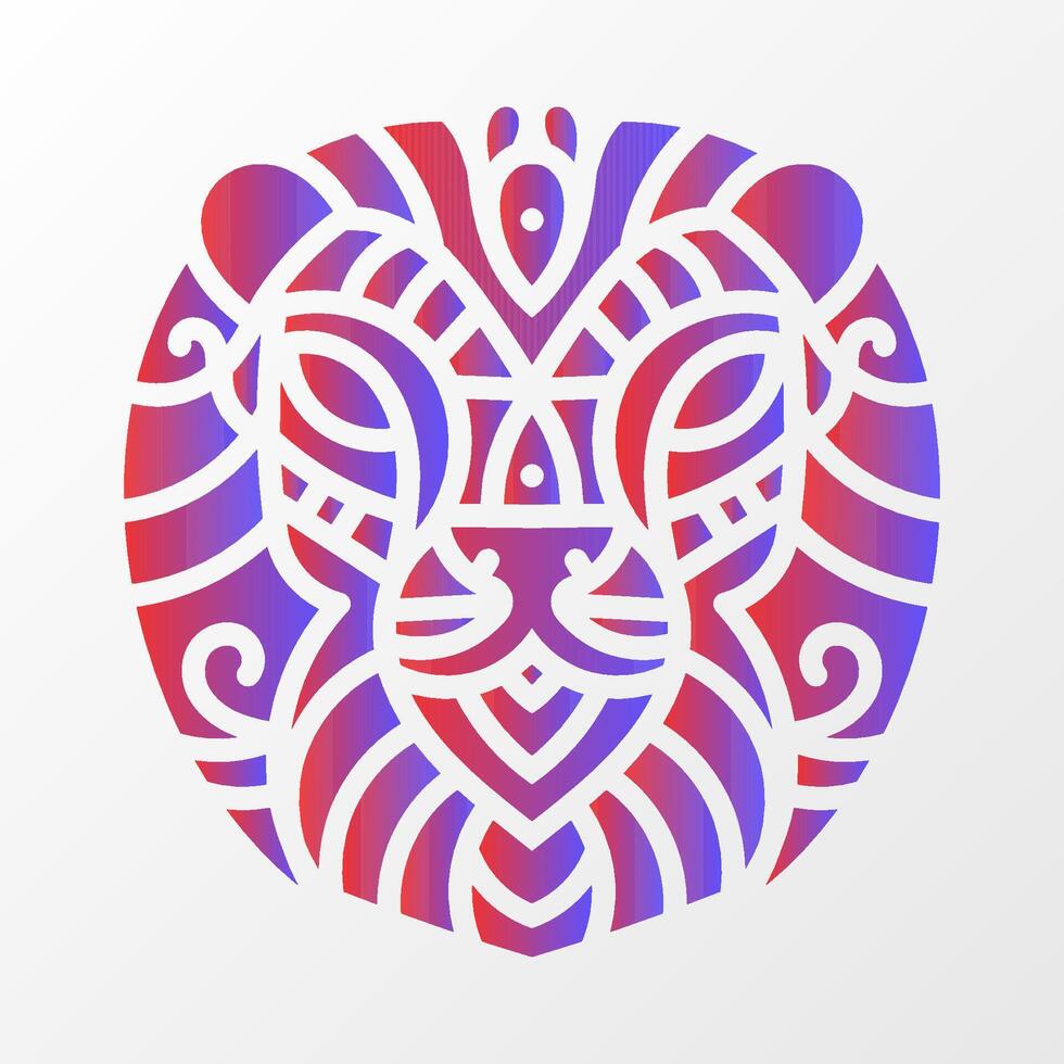 Stylized tiger face illustration enclosed in a circular design, featuring intricate tribal patterns and vibrant red-blue gradient colors. Symmetrical Tiger Face with Tribal Patterns vector