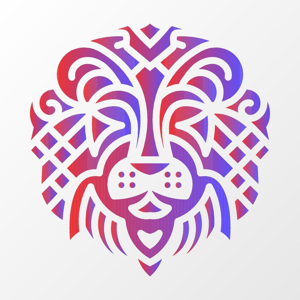 Abstract lion face illustration with ornate tribal patterns, bold geometric shapes, and a vibrant red-blue gradient on white. Intricate Lion Face with Tribal Patterns vector
