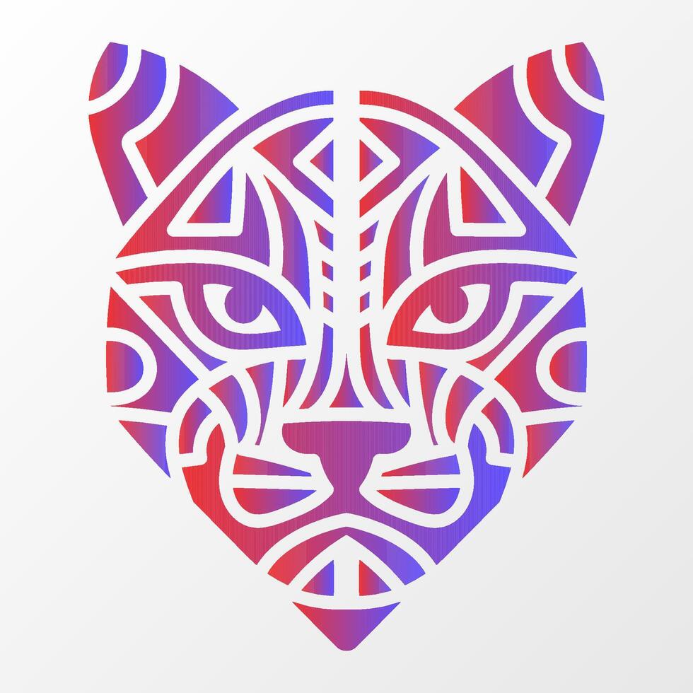 Abstract tribal cat face illustration with bold geometric patterns in vibrant red and blue gradient on a white background. Geometric Tribal Cat Face Design vector