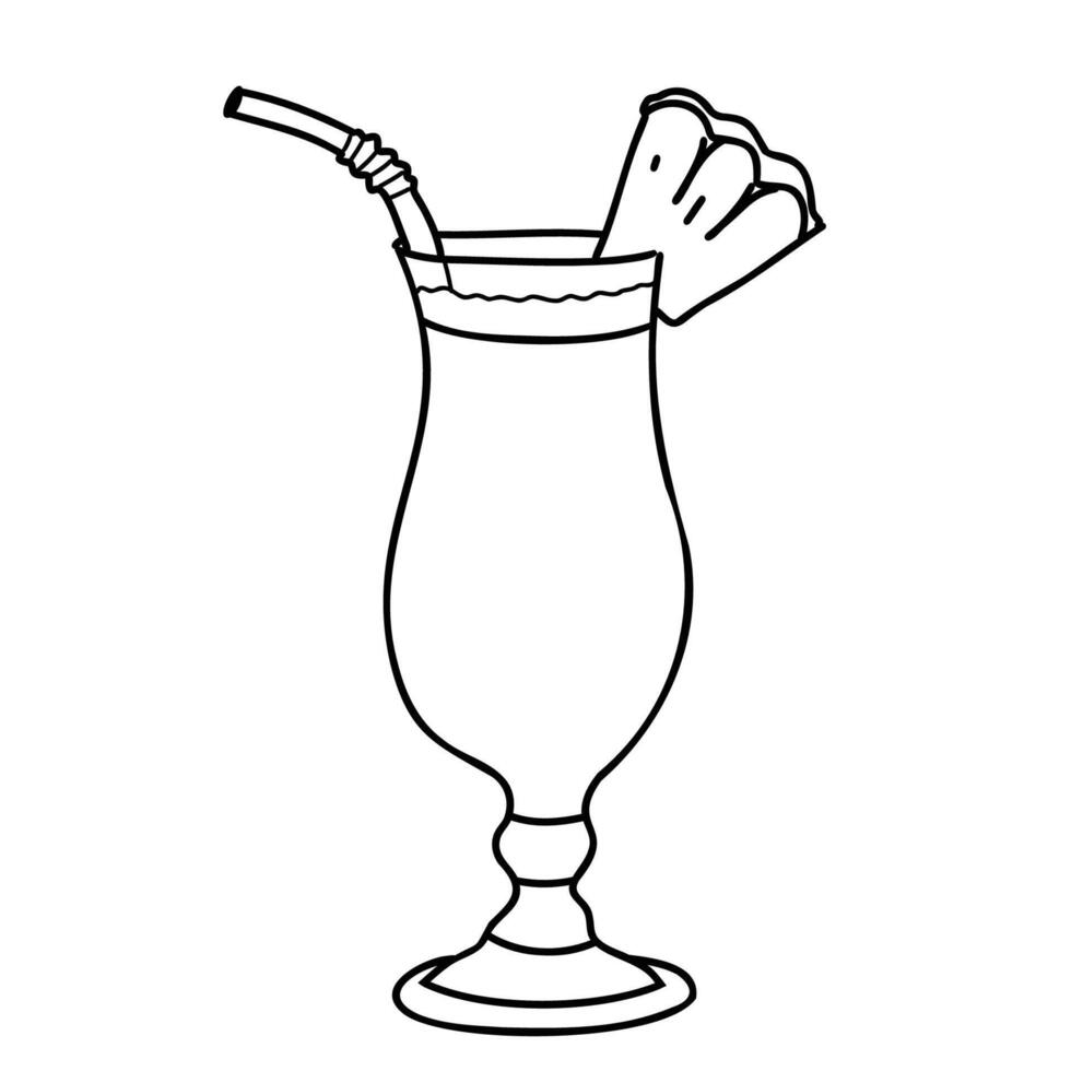 Pina Colada Cocktail with Straw and Pineapple slice. Tropical Summer Alcoholic Drink in Hurricane glass. Hand drawn illustration in Doodle style isolated on background. For Beach Bar menu, card vector