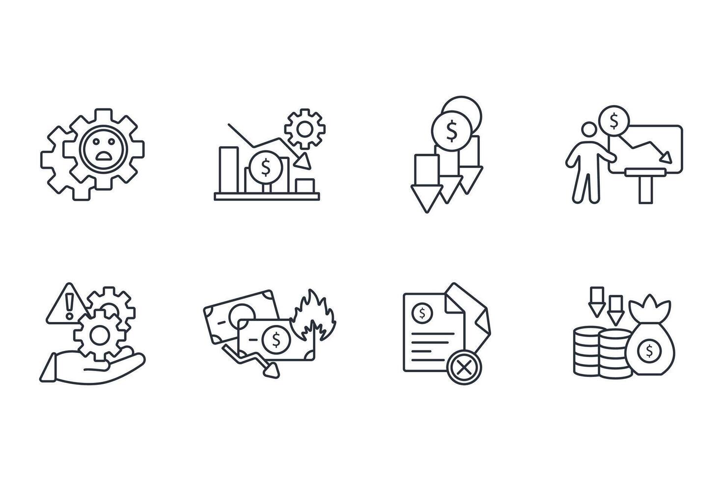 Business failure icon set..Editable stroke.linear style vector