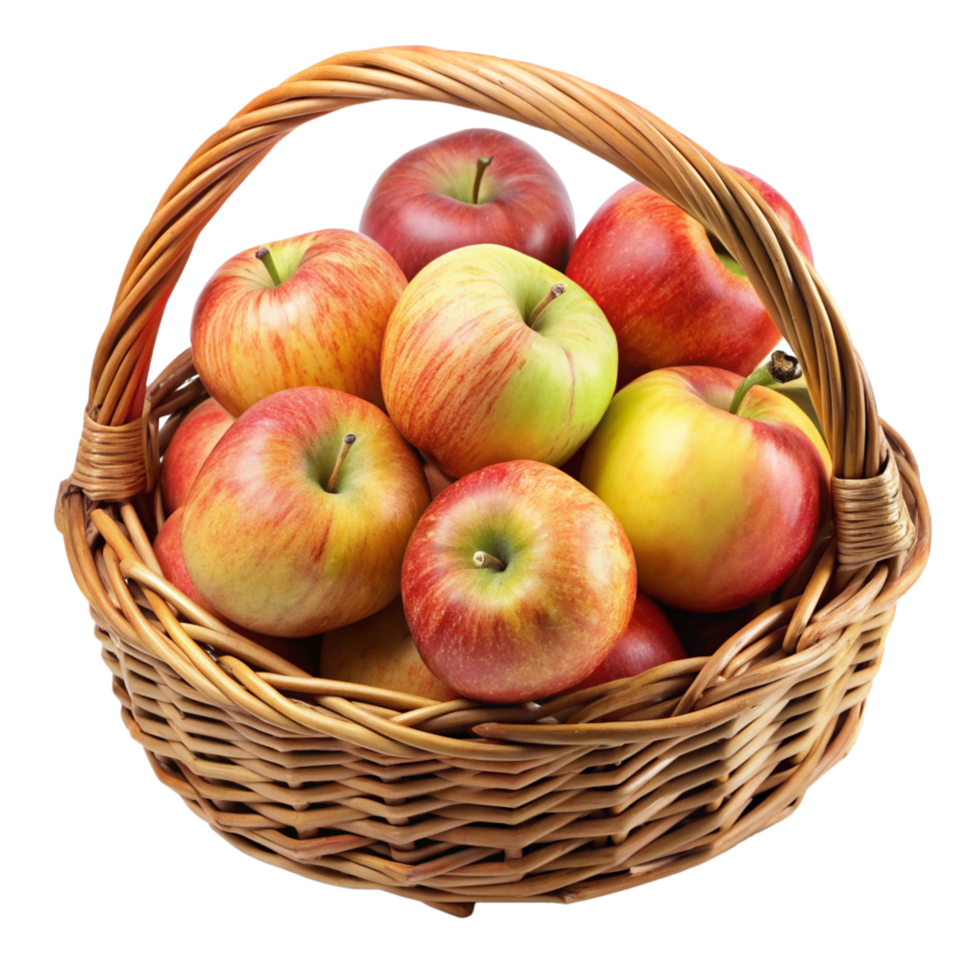 Freshly picked apples fruit with arranged in a woven wicker basket, isolated on transparent background png