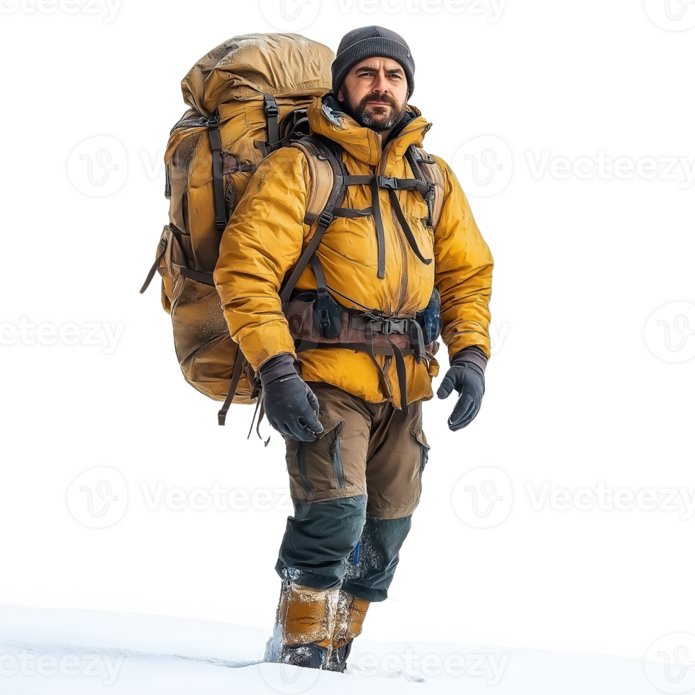 Traveler with backpack on snowy mountain pea , isolated on transparent background png