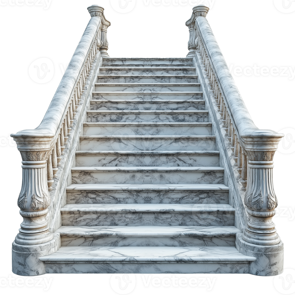 Elegant marble staircase with ornate balustrade isolated on transparent background png