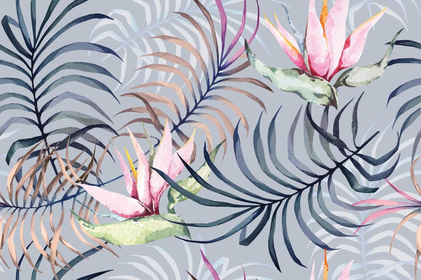 Seamless pattern of Heliconia flower and palm leaves.For the design of the wallpaper or fabric, vintage style.Blooming flower painting for summer.Botany background. vector
