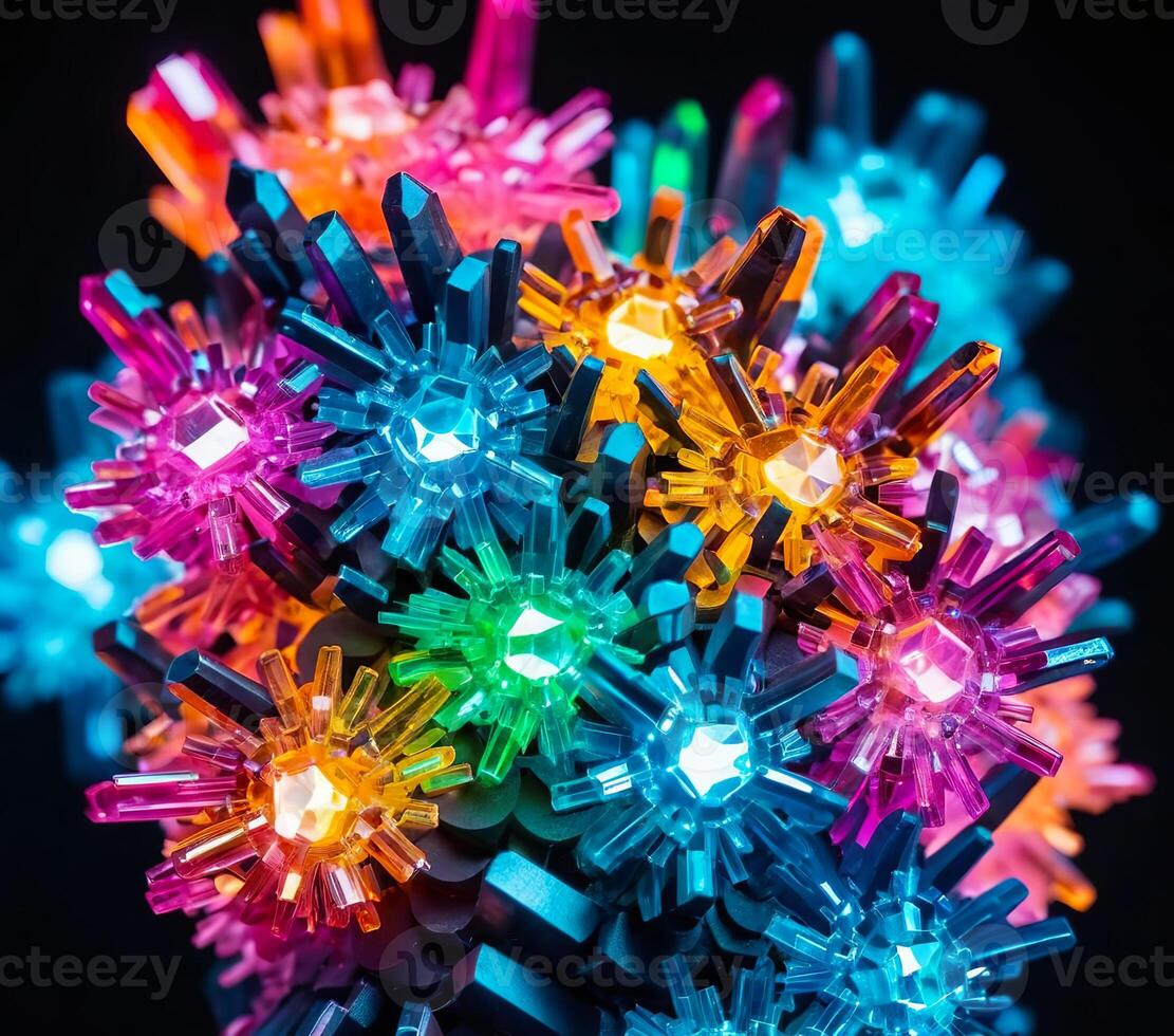 Cluster of multicolor fantasy glowing crystals on black background photo
