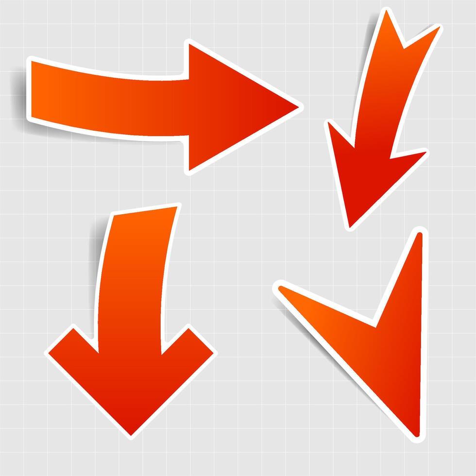 Set of red arrows stickers. Pointer, direction, movement vector