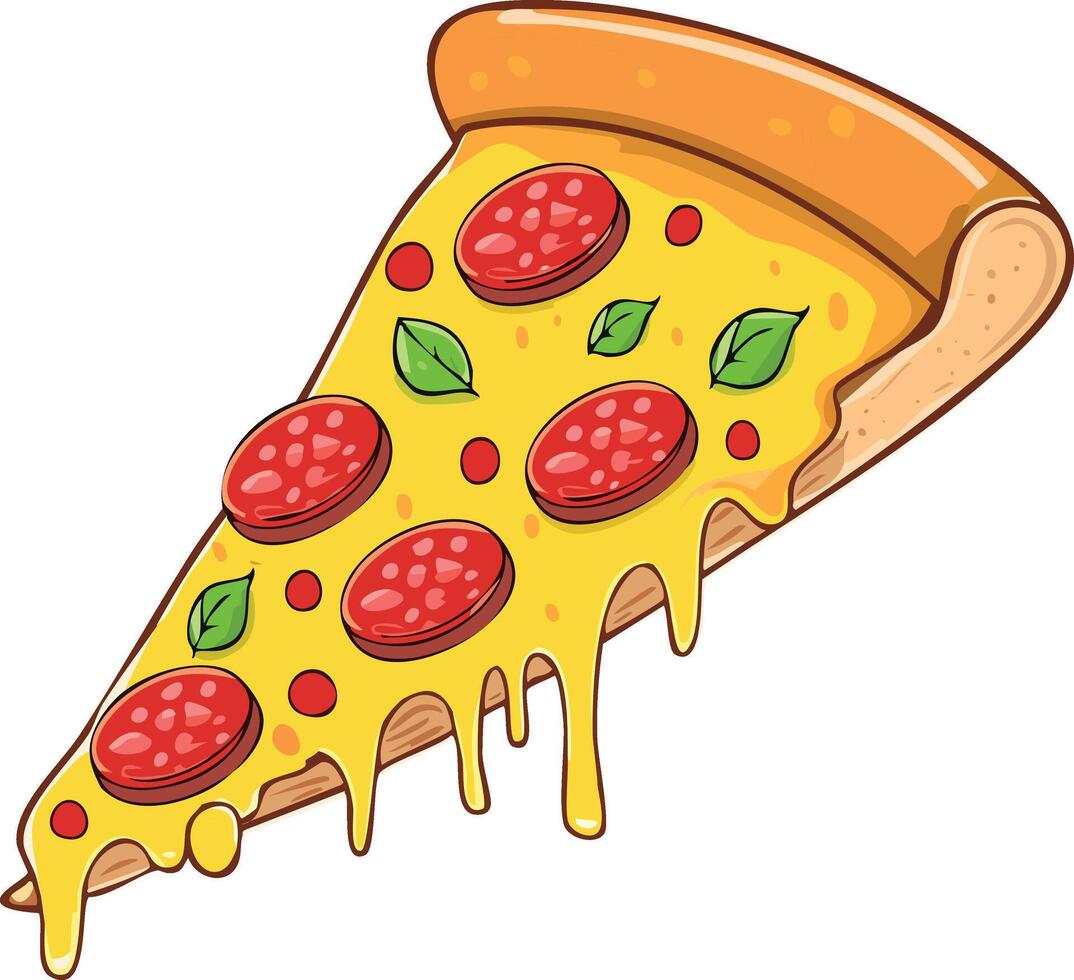 Delicious slice of pizza with pepperoni, cheese, and fresh basil vector