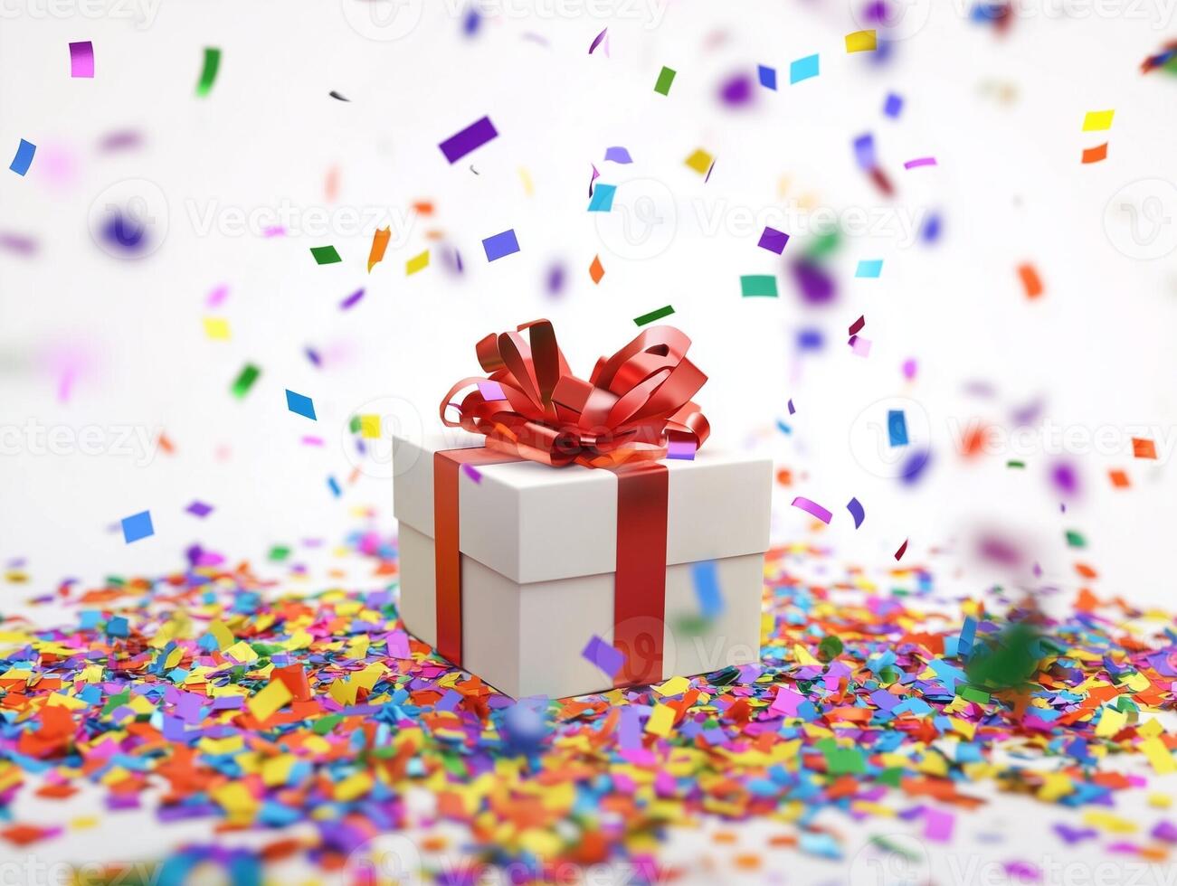 Festive gift box wrapped with red ribbon surrounded colorful confetti. photo