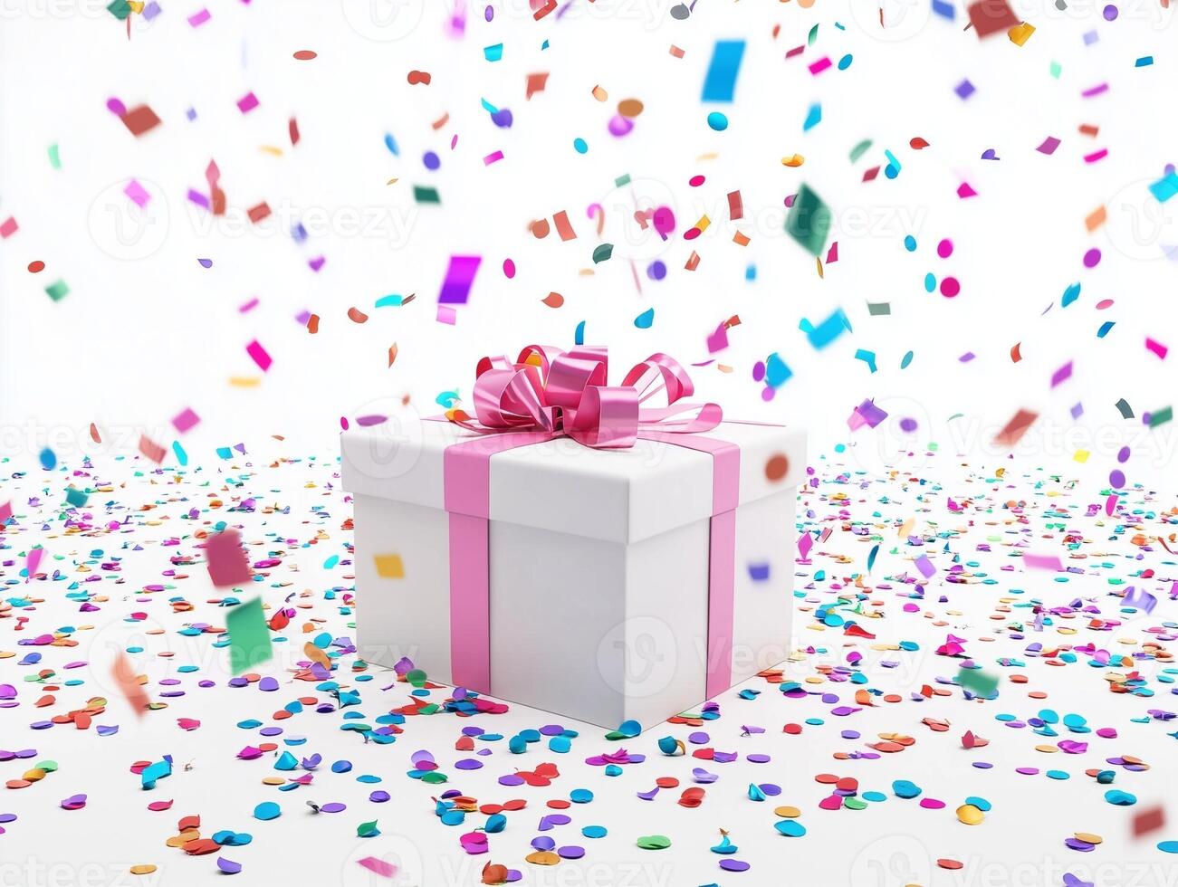 White gift box with a shiny pink bow placed amid a shower of multicolored confetti. photo