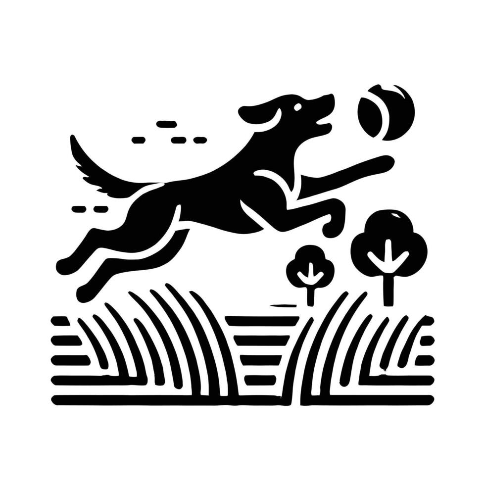 A black and white illustration of a dog catching a ball vector