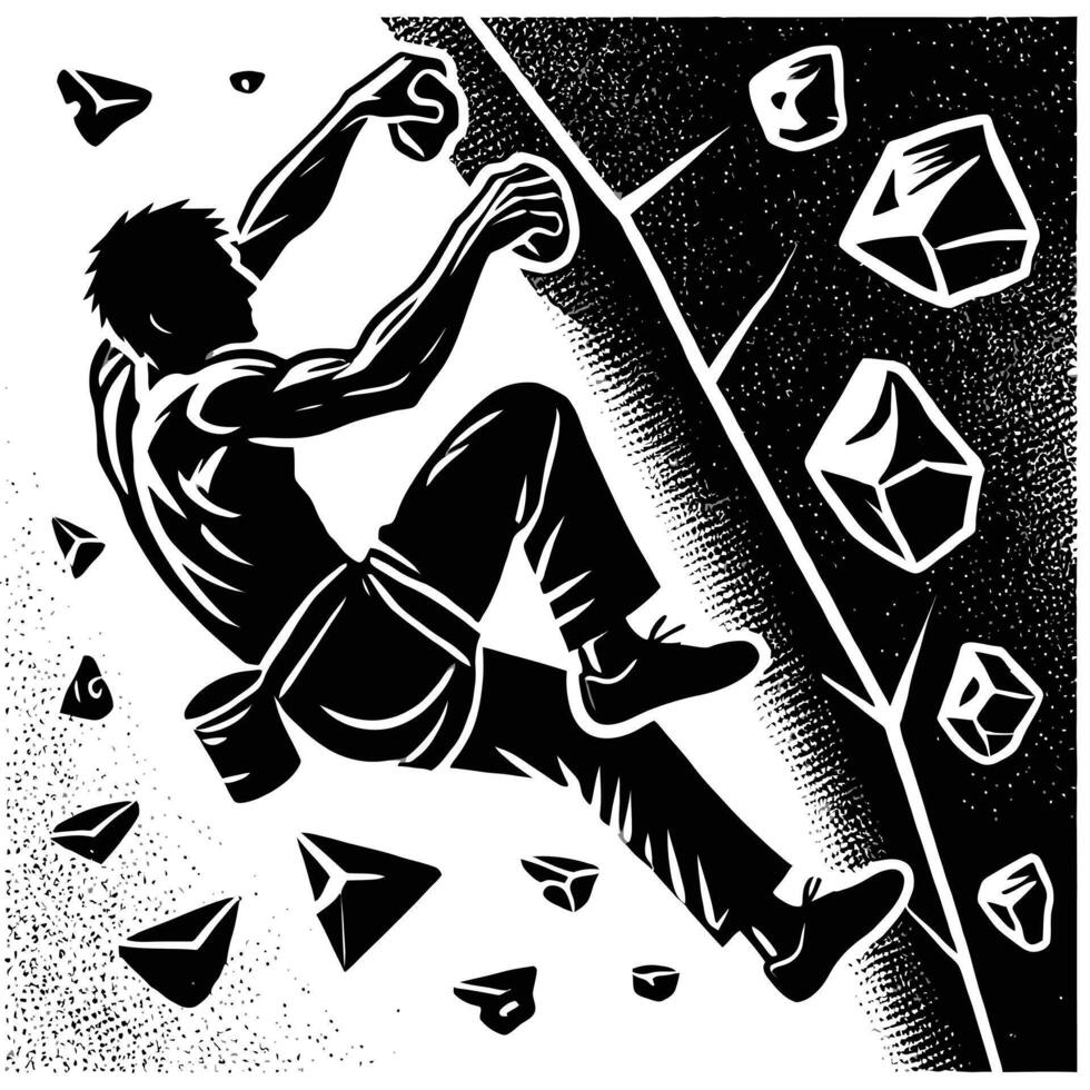 A black and white illustration of a man climbing a rock wall vector