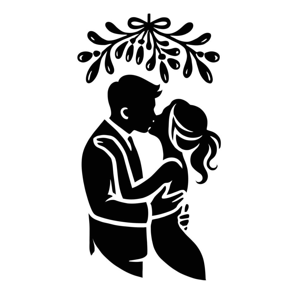 A black and white silhouette of a man and woman kissing vector