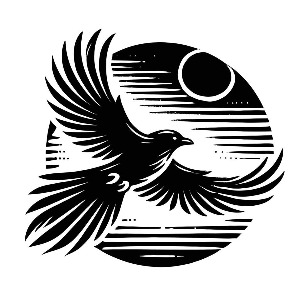 A black and white bird flying over a circular background vector