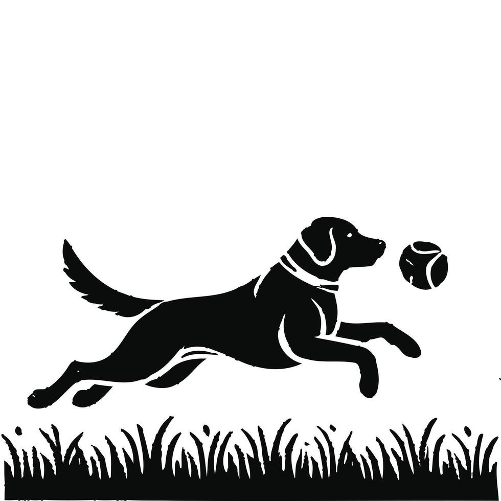 A dog running with a ball in the grass vector