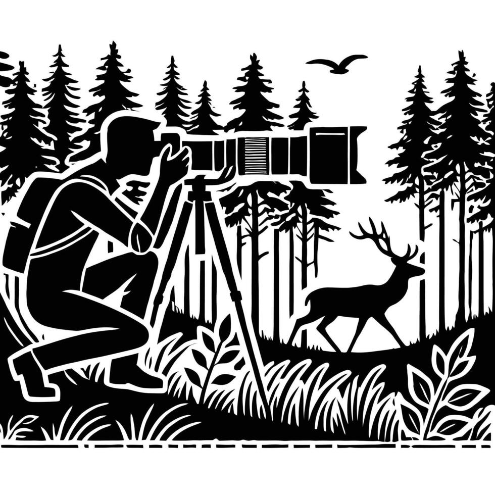 A man with a camera and deer in the woods vector