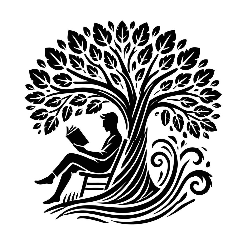 A man sitting under a tree reading a book vector