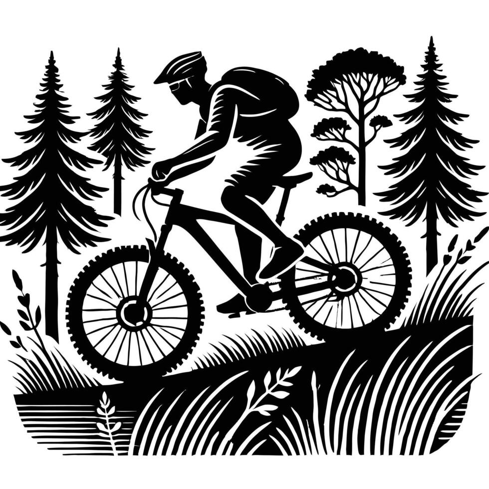 A black and white illustration of a man riding a bike in the forest vector
