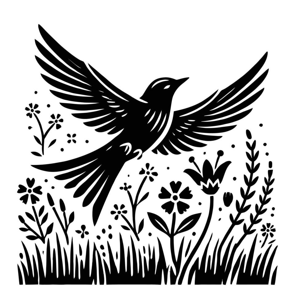 A black and white drawing of a bird flying over flowers vector