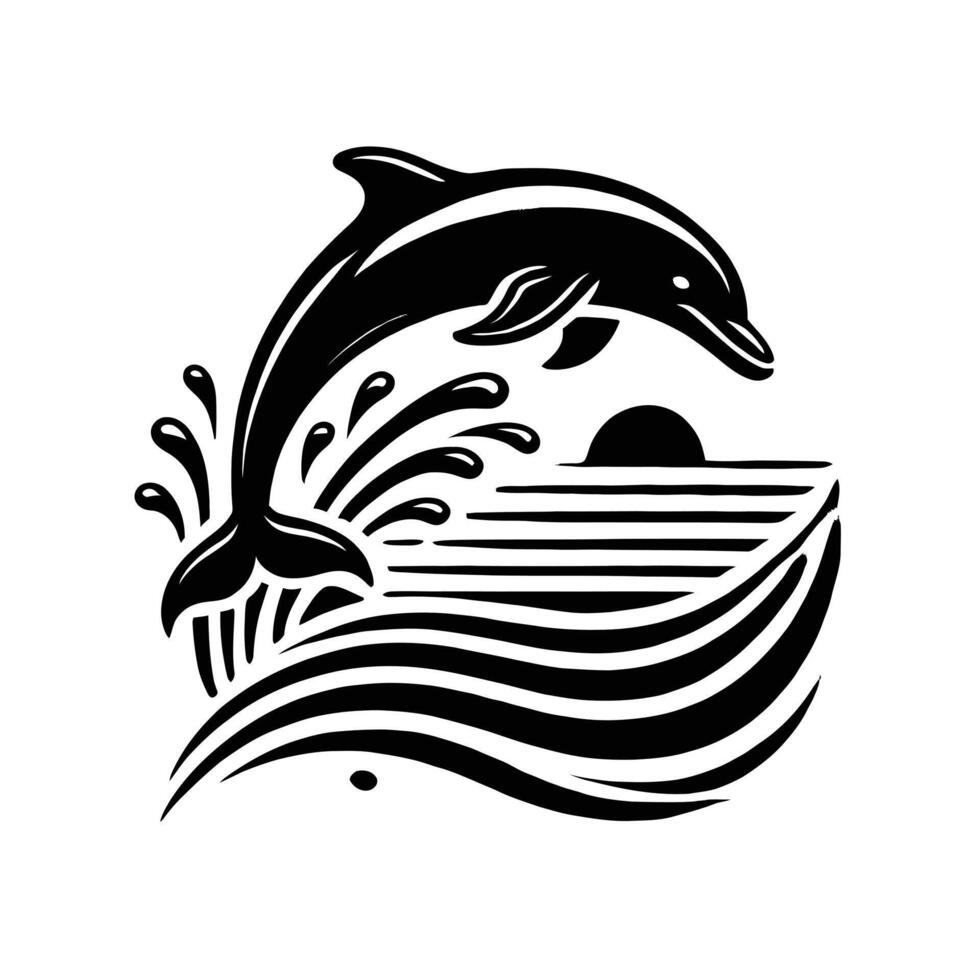 Dolphin jumping out of the water, black and white logo vector