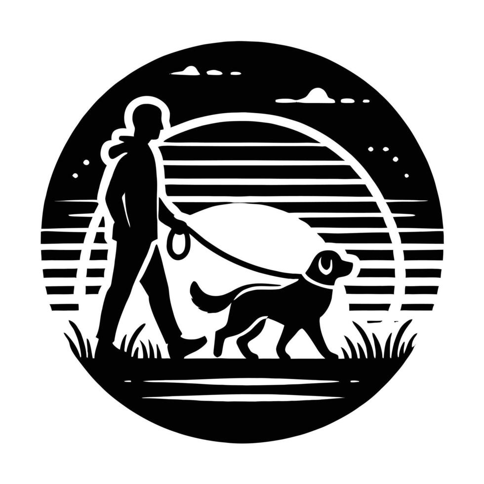 A silhouette of a woman walking her dog in the park vector