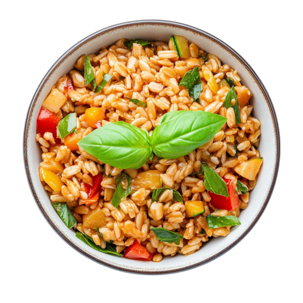 rice salad with fresh basil, tomato and peppers, isolated on transparent background png