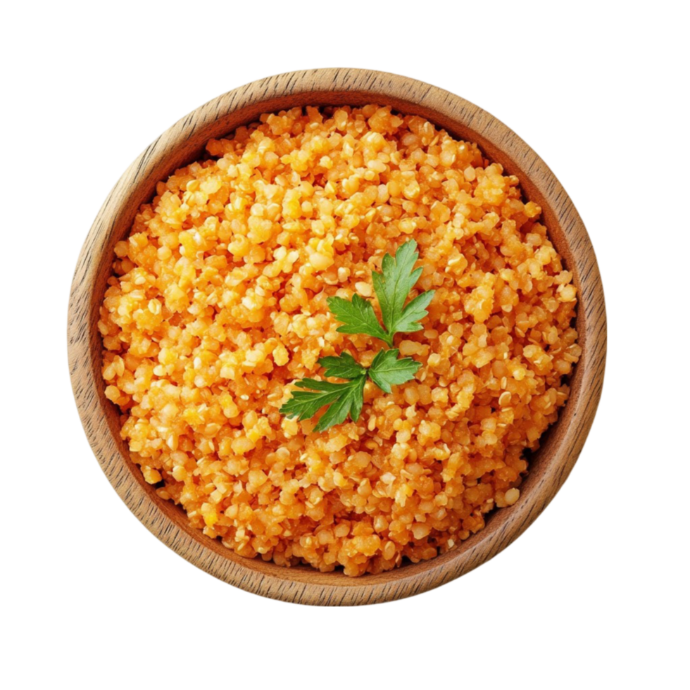 Cooked Couscous Garnished with Parsley in a Bowl on a transparent background png