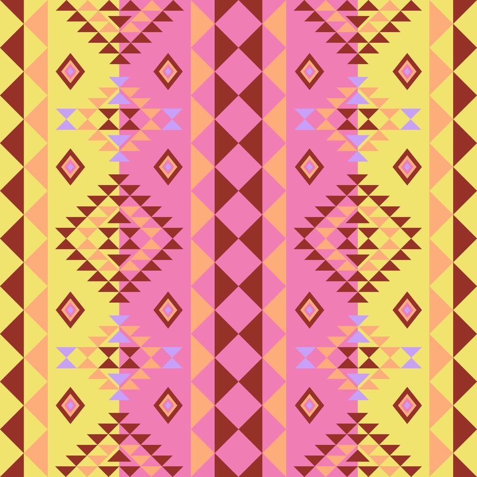 Seamless ethnic pattern blending Navajo and Aztec designs in vibrant yellow and pink tones. Intricate geometric motifs perfect for home decor, wallpapers, textiles, rugs, bohemian projects vector