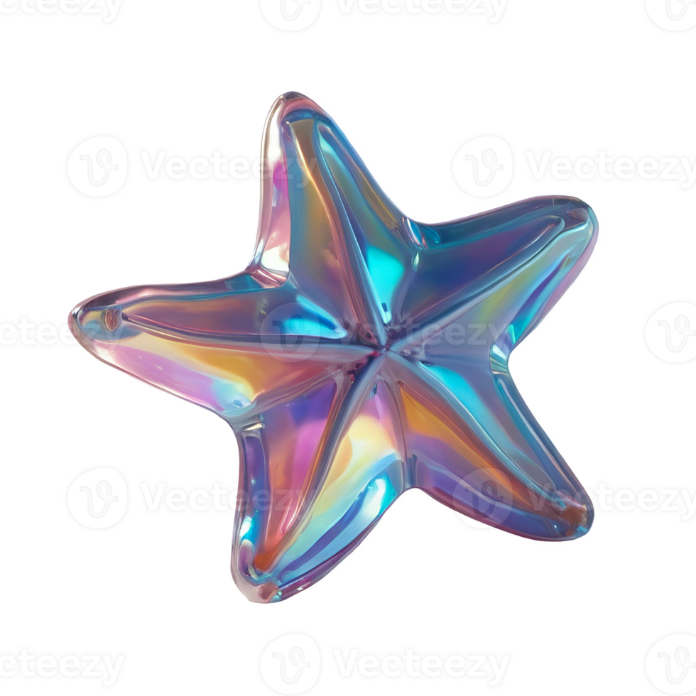 3D chrome element in Y2K style, isolated background, liquid holographic metal. Star made of glass with rainbow effect, colorful shiny, reflective surface. png