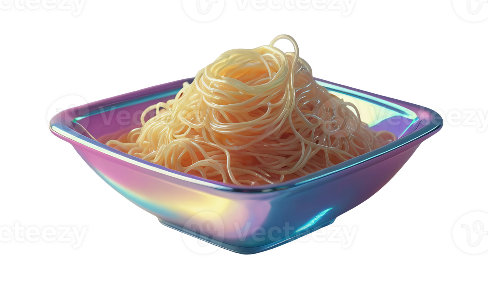 3D chrome element in Y2K style, isolated background, liquid holographic metal. Bowl of pasta, noodles made of a shiny material. png