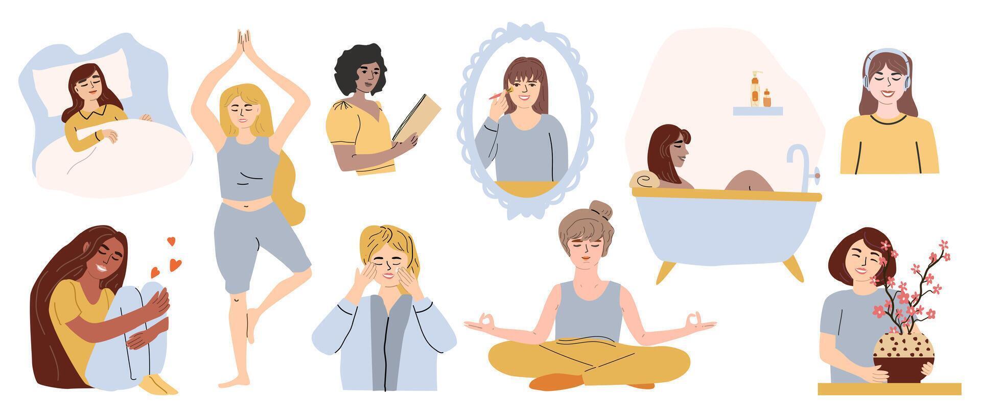 Self love practices for women in their 20s relaxation, meditation, and wellness activities vector