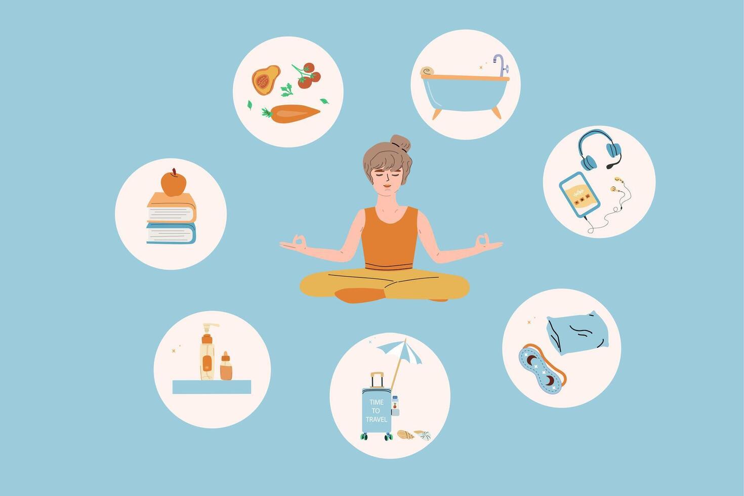 Self care and relaxation illustration featuring meditation and mindfulness activities for women vector